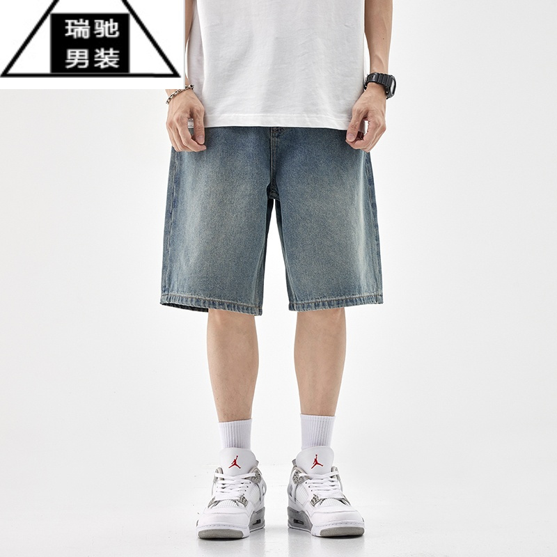 希杰狮王牛仔短裤男生款宽松直筒休闲五分裤潮牌ins夏季水洗蓝色阔腿