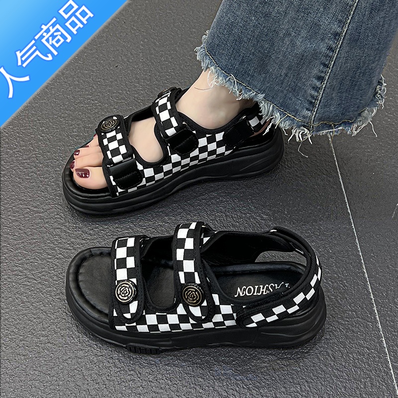 SUNTEK运动凉鞋女夏2023年新款棋盘格软底魔术贴学生网红厚底罗马沙滩鞋高清大图