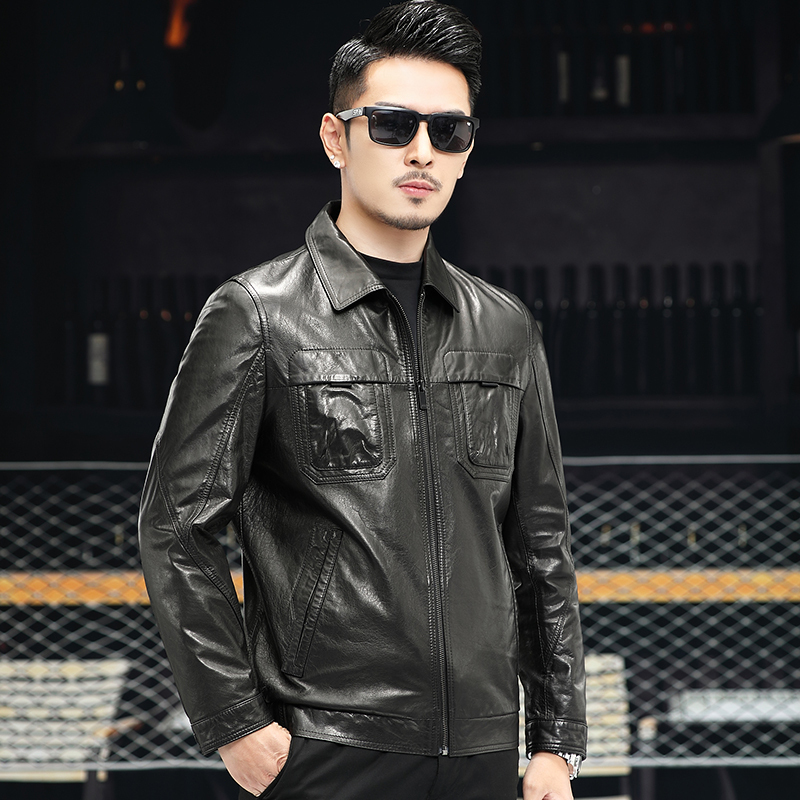 秋季新款真皮皮衣男山羊皮翻领夹克韩版机车皮衣商务男装皮装snx21032