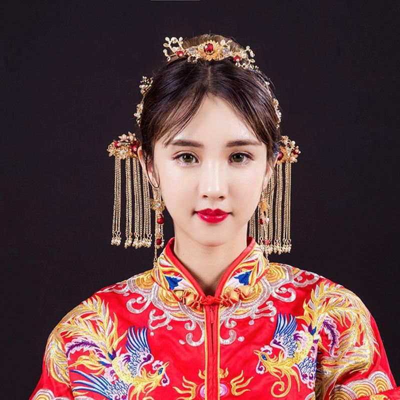 秀禾新娘古装头饰步摇流苏套装中式婚礼旗袍秀禾服古风凤冠发饰女t100