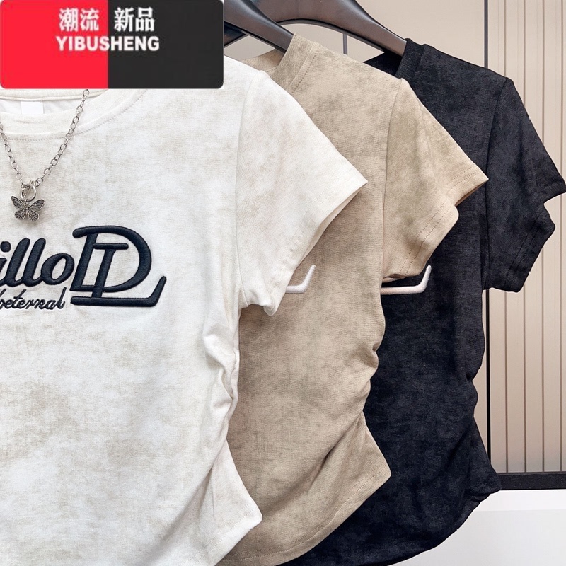 YIBUSHENG美式字母刺绣短袖T恤衫女2024季扎染设计收腰别致独特短款上衣高清大图