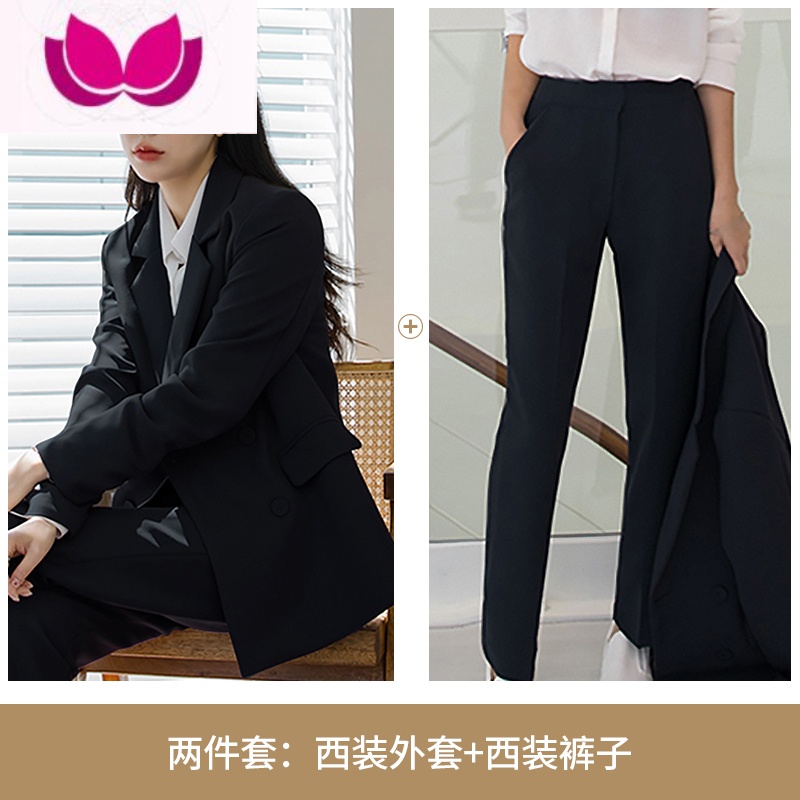七斓双排扣西装套装女气质通勤职业装正装大学生面试答辩西服外套 M 黑色(春秋款