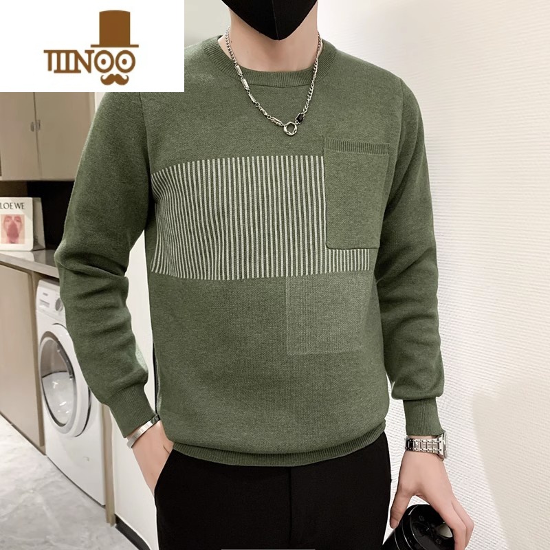 YANXU圆领毛衣男士长袖韩版潮牌休闲轻熟风保暖套头针织衫上衣男高清大图