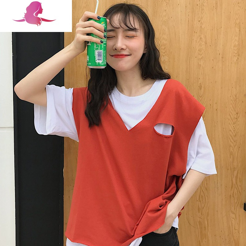 艳如飞棉大码胖mm心机短袖t恤女装夏装韩版宽松显瘦原宿风两件套上衣大码女装