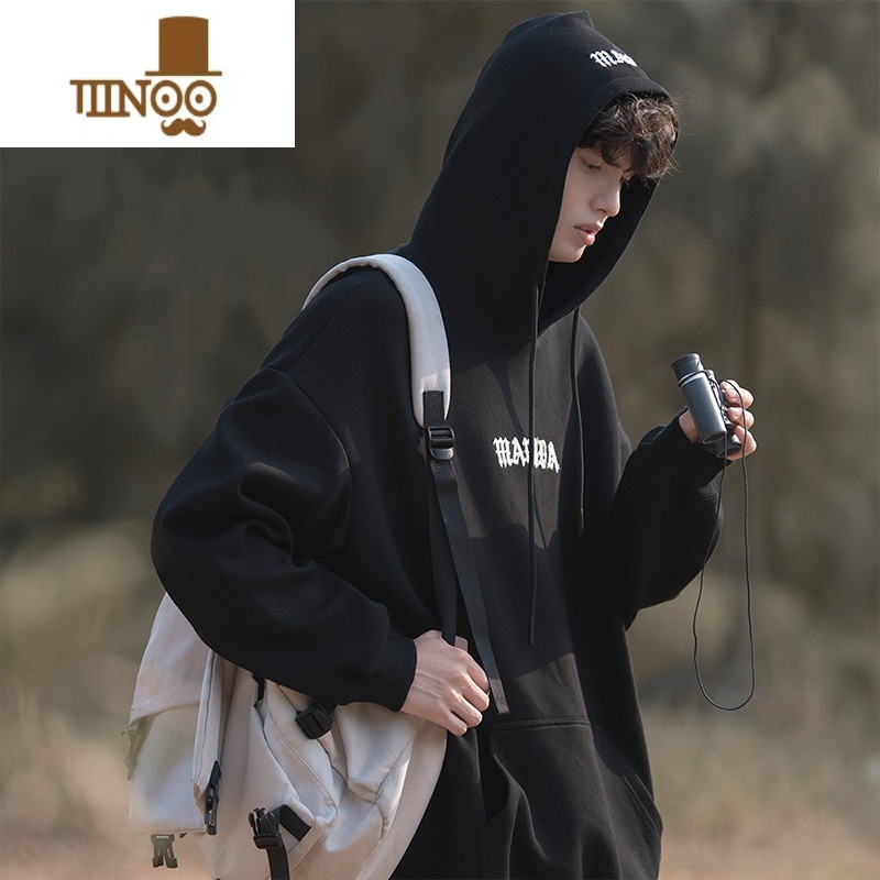 YANXU卫衣男连帽套头衫日系复古潮牌百搭青少年宽松休闲外套 黑色 XL