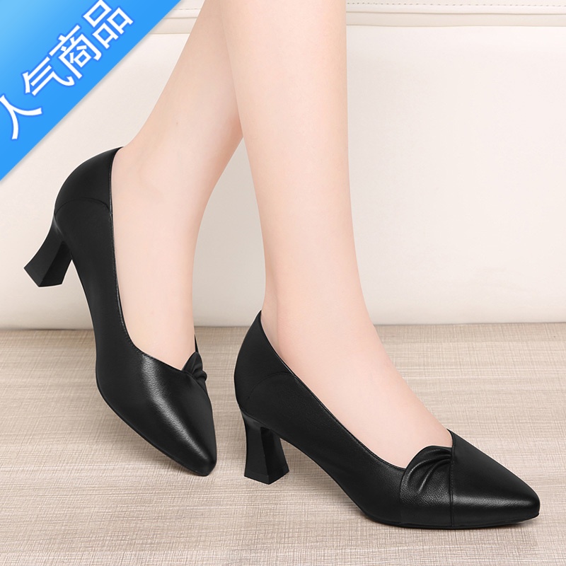 SUNTEK粗跟皮鞋女英伦2023年春秋季新款百搭一脚蹬乐福鞋女浅口单鞋高清大图