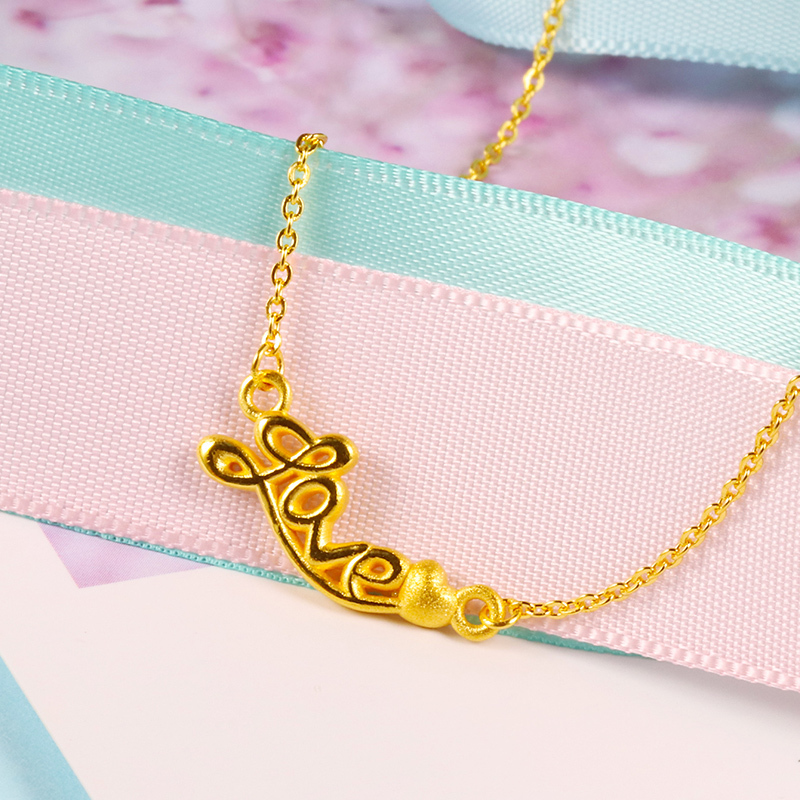 黄金码头3D硬金字母LOVE爱套链女足金999吊坠生日结婚表白礼物