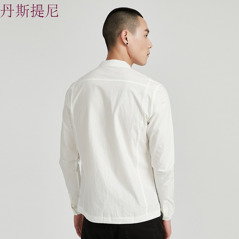 男装2018春装新款男士纯棉立领衬衫男长袖青年修身休闲白色衬衣白色