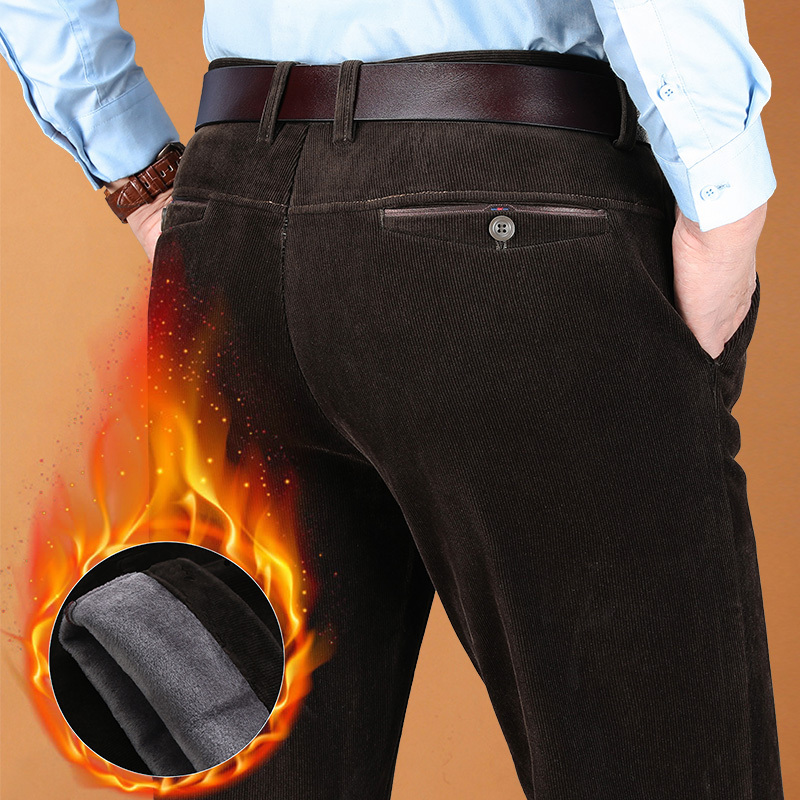 yuansu冬季加绒灯芯绒裤子男中老年人休闲宽松爸爸装加厚保暖男裤条绒