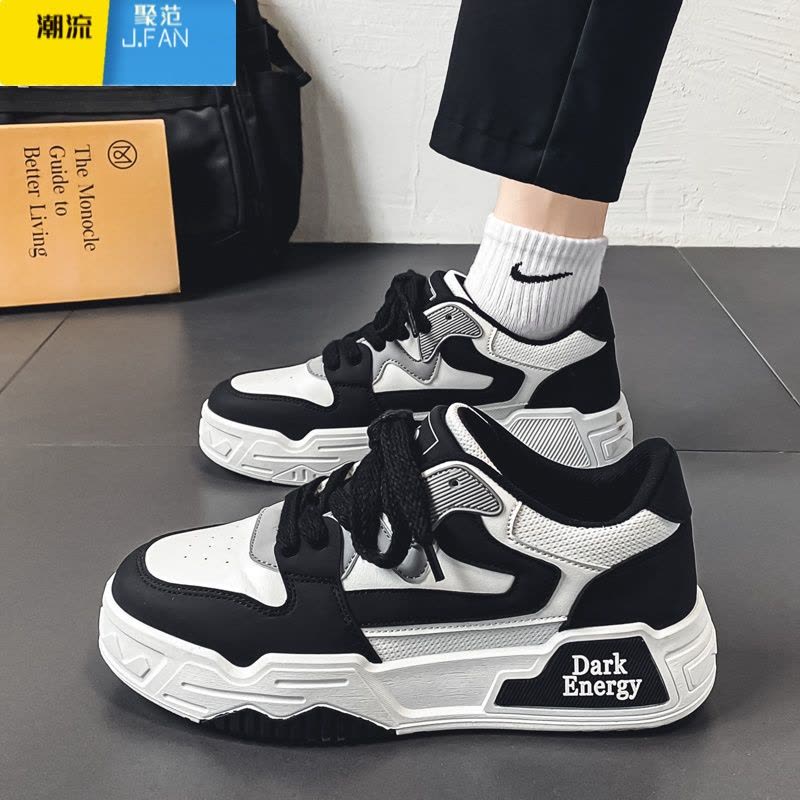 聚范男鞋2024新款夏季透气黑白熊猫板鞋男款休闲运动厚底防滑网面潮鞋图片