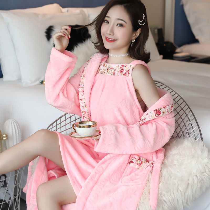 法兰绒睡衣女秋冬性感浴袍加厚家居服碎花吊带睡裙睡袍两件套