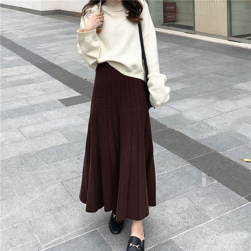 黑色针织半身裙女秋冬大码胖mm显瘦加厚毛线裙子冬天配毛衣长裙