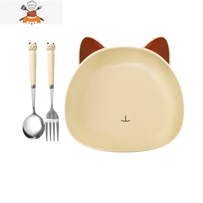 刀叉勺三件套家用可爱牛排刀叉盘子套装西餐餐具网红儿童叉子勺子 叉勺+盘(小猫)预售5天内发货 敬平