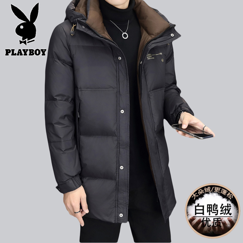 花花公子新款高品质冬季新款户外防寒服三防连帽中长款羽绒服男装夹克外套高清大图