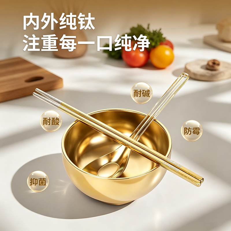 PORSTI 钛金属福钛满堂礼盒(碗筷勺六件套)GTBST-2513平安银高清大图