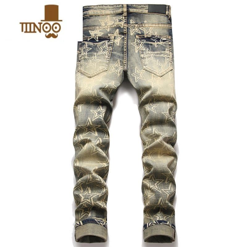 YANXU新款复古印花牛仔裤男弹力修身直筒欧美个性怀旧破洞休闲长裤图片