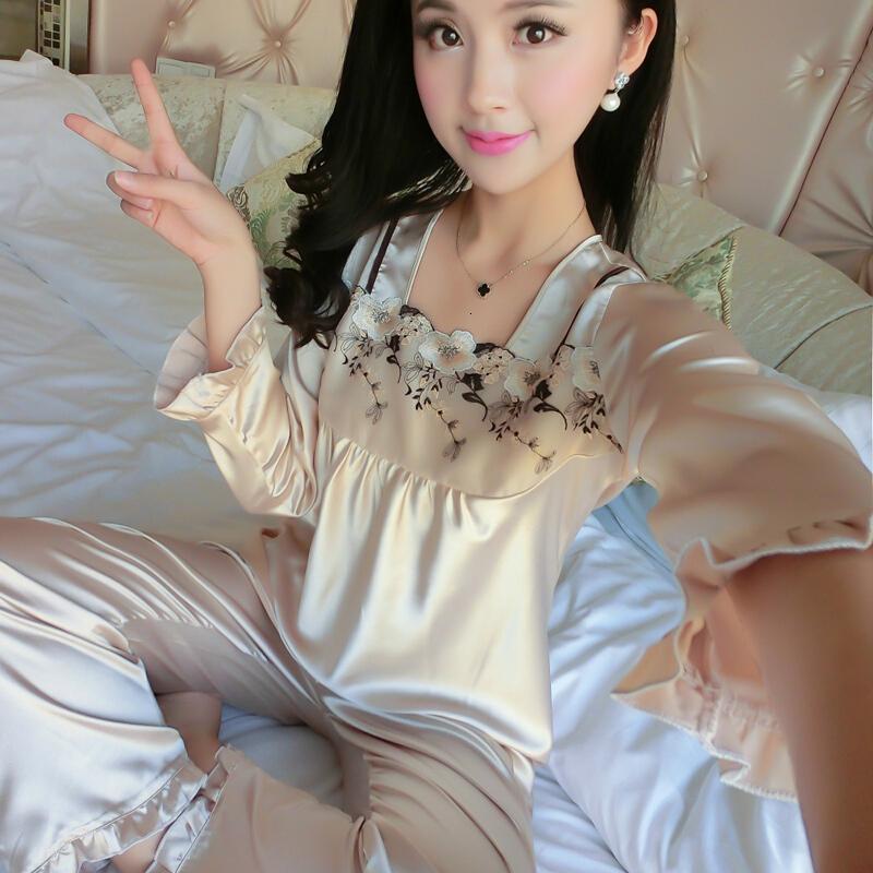 女神睡衣女秋季薄款长袖丝绸套装韩版春季真丝空家居服大码