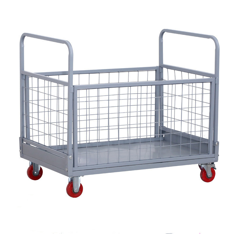 绵冠办公家具全钢平板推车仓储物流物料车万向轮可折叠围栏仓储笼式置物搁板 