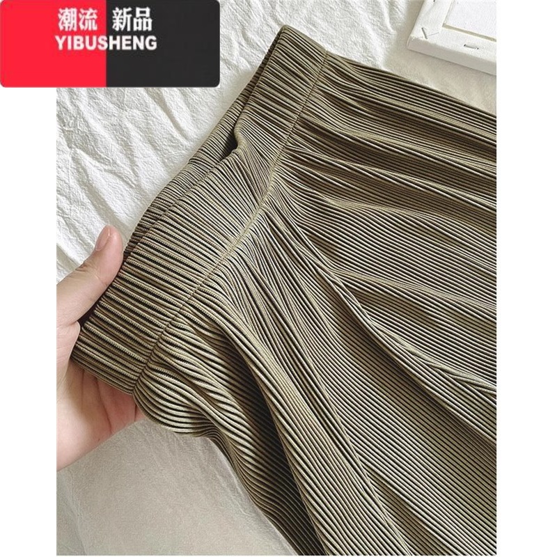 YIBUSHENG肌理感冰丝阔腿裤女早秋直筒宽松休闲裤褶皱高腰休闲凉凉拖地裤子 卡其色高质量 2XL