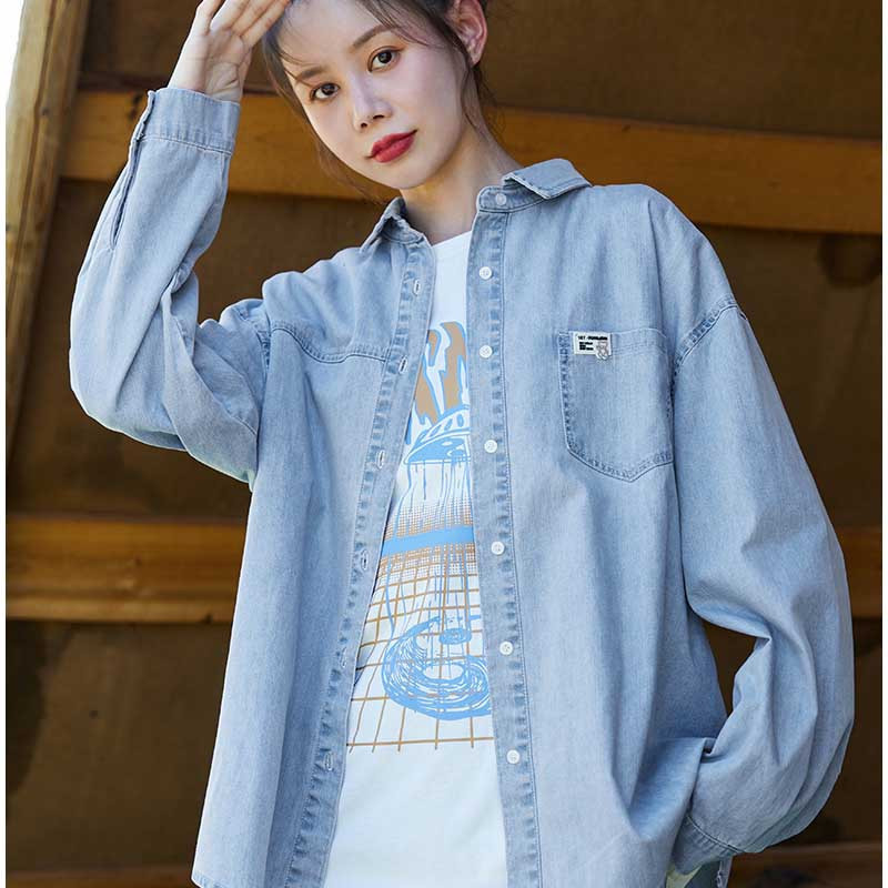 唐狮秋新款牛仔衬衫女复古港风长袖衬衣宽松蓝色休闲上衣外