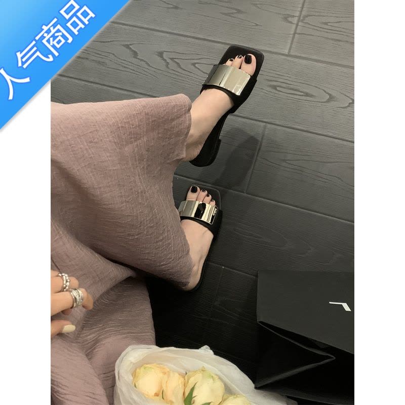 SUNTEK仙女风低跟凉拖外穿女2023夏新款黑色方头水钻蝴蝶结方头粗跟凉鞋图片