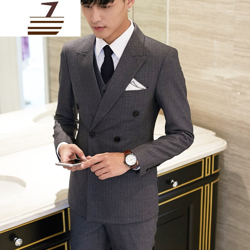New Lake男士西服套装new Lake双排扣西装男套装青年复古蓝色条纹韩式新郎帅气三件套西服英伦风 价格图片品牌报价 苏宁易购栗凡商务专营店