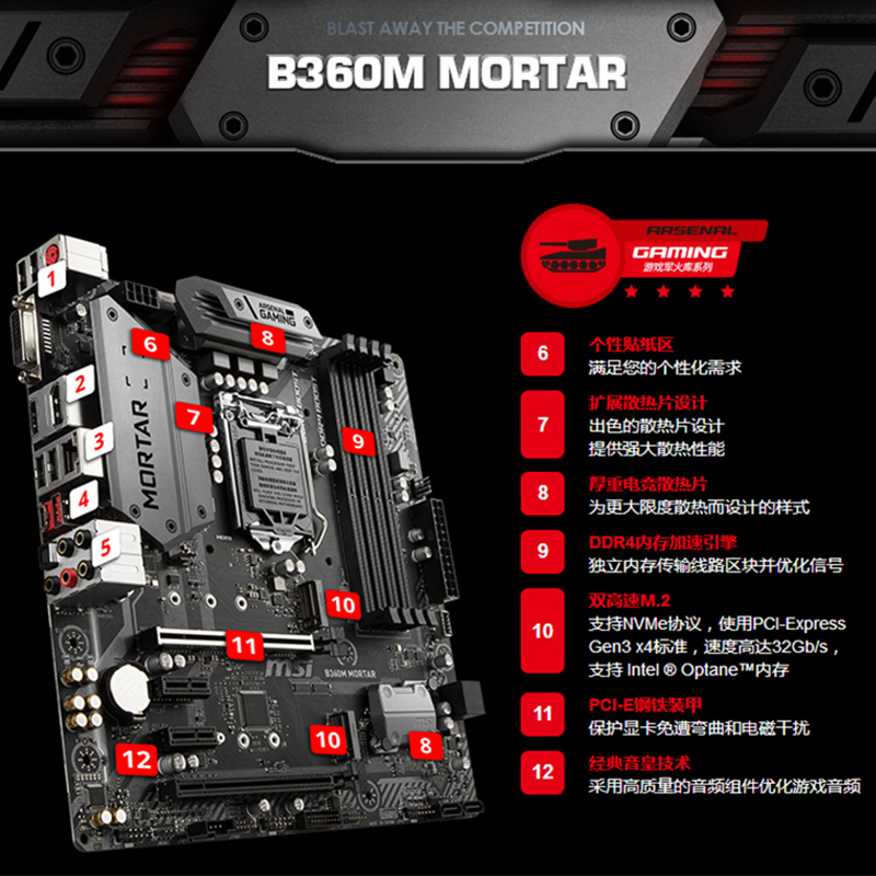 微星(MSI)B360M MORTAR迫击炮 电脑主板 支持 9100F/9400F/9500/9700F CPU(Intel B360/LGA 1151)