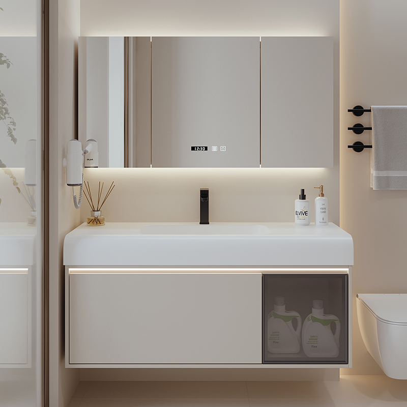 送入户安装汉德斯科卫浴柜智能镜柜浴室柜组合免漆实木肤感绮美石一体