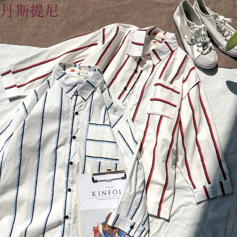 条纹衬衫男七分袖夏季薄款宽松韩版帅气休闲短袖潮流港风半袖上衣