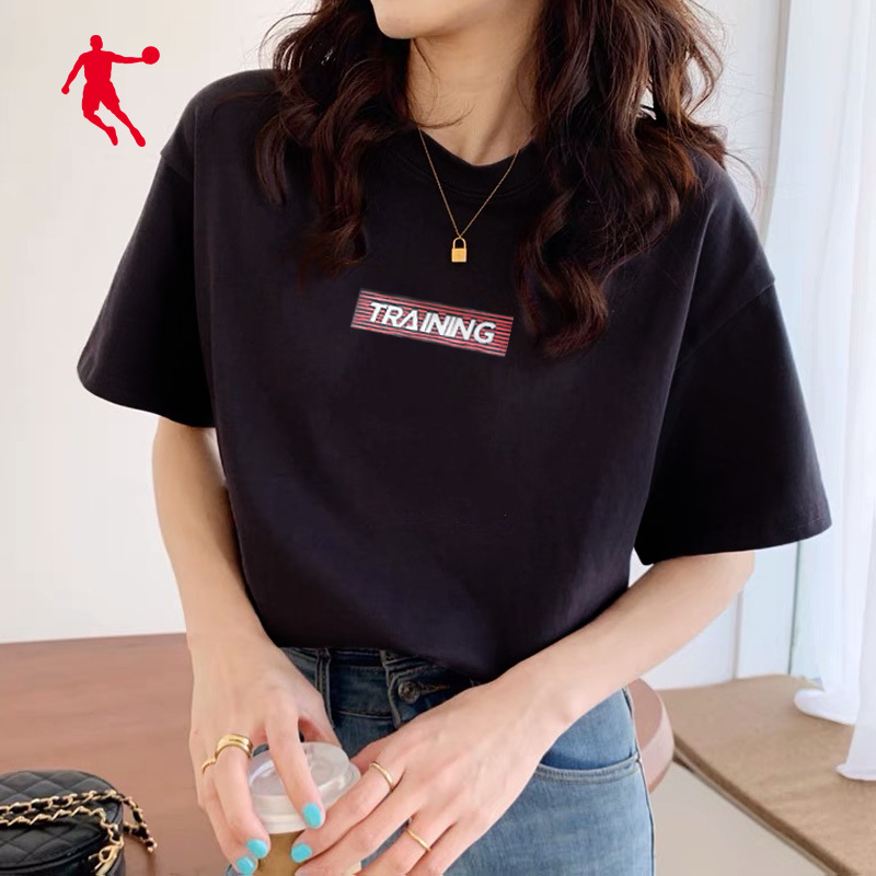 乔丹运动短袖女装2022夏季新款宽松棉质圆领 半袖上衣字母印花短t国潮
