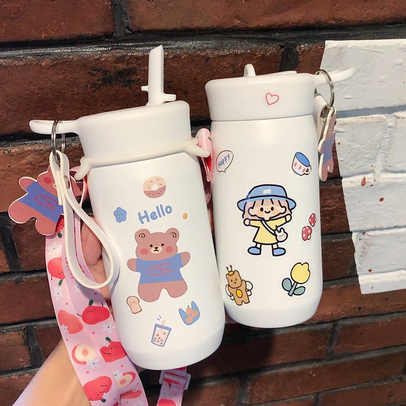 保温杯带吸管水杯女学生简约清新卡通式韩国可爱少女便携小巧杯子白色
