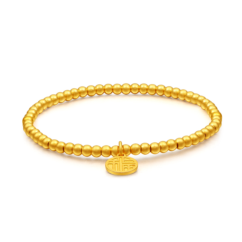 新金珠宝古法黄金手串女3d硬手链足金福字牌挂坠首饰送礼1042