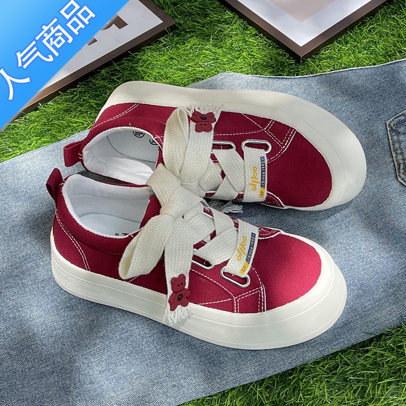 SUNTEK帆布鞋女2023夏季新款小众原创百搭小熊小白鞋厚底休闲运动板鞋子高清大图