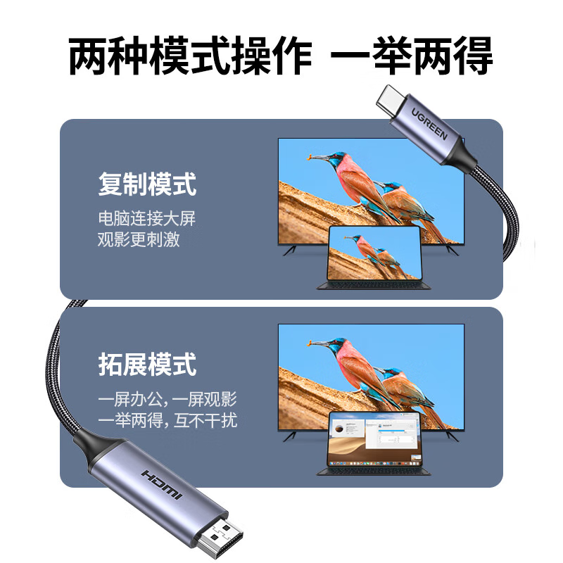 绿联(UGREEN)Type-C转HDMI线雷电3/4转换器USB-C转接头扩展4K60/2K144Hz投屏 2m高清大图