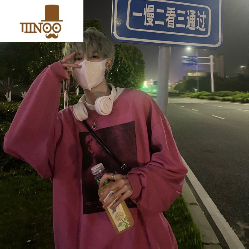 YANXU粉色美式复古圆领卫衣男款潮牌oversize小众情侣装外套高清大图