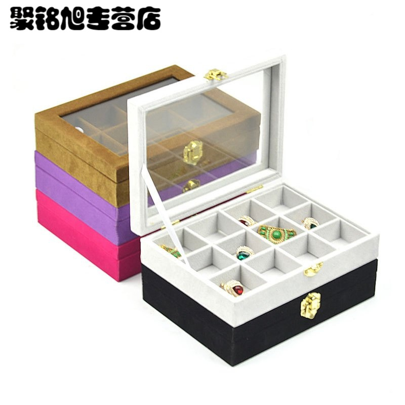 绒布小号首饰盒戒指项链饰品展示盘格子收纳带盖珠宝箱饰品收纳耳环戒指项链夹收纳生活日用收纳用品收纳盒