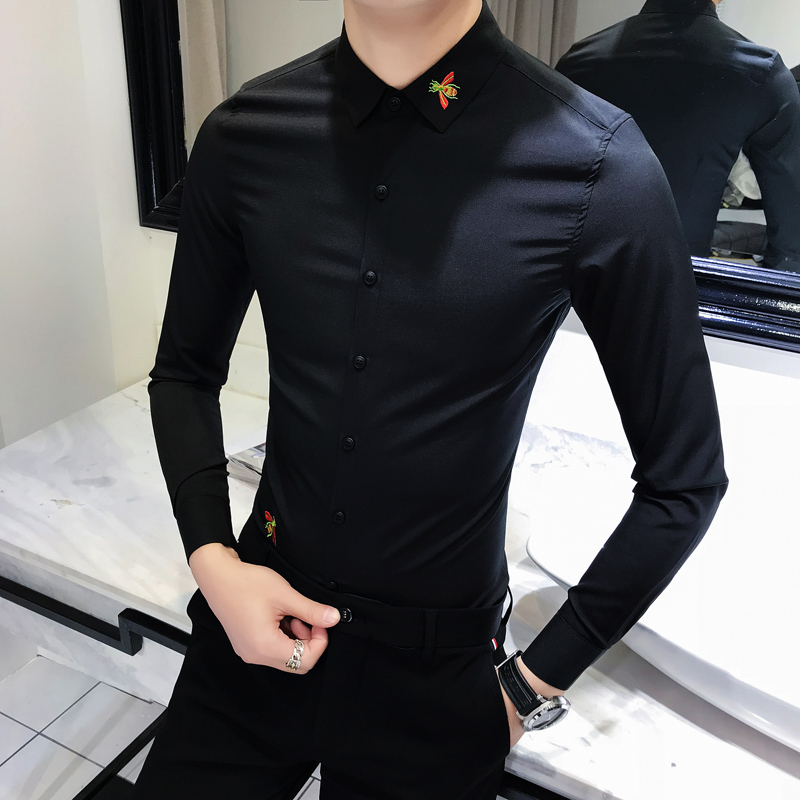 刺绣花小蜜蜂春夏新款时尚个性韩版修身衬衣青年型师百搭衬衫男