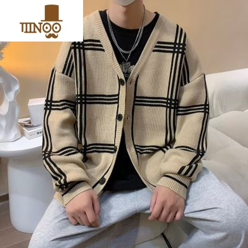 YANXU秋季复古新款男士开衫针织衫韩版潮流慵懒风外套宽松百搭格子毛衣