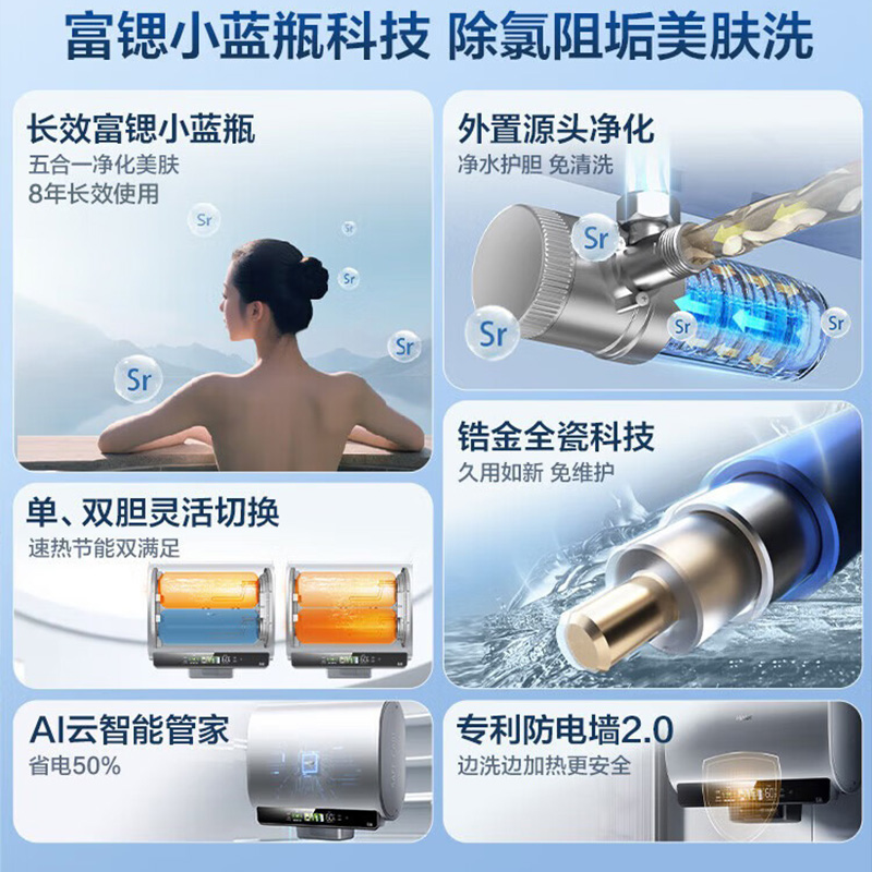 海尔(Haier)80升[小魔盒BK5]小蓝瓶净水洗超薄扁桶双胆家用电热水器3300W变频速热EC8003HD-BK5A高清大图