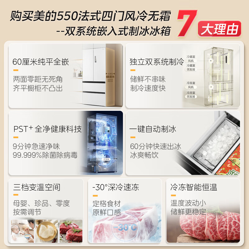 美的(Midea)M60系列523升法式多门60cm纯平全嵌变频无霜双系统自动制冰冰箱MR-550WUFIPZE曦云白