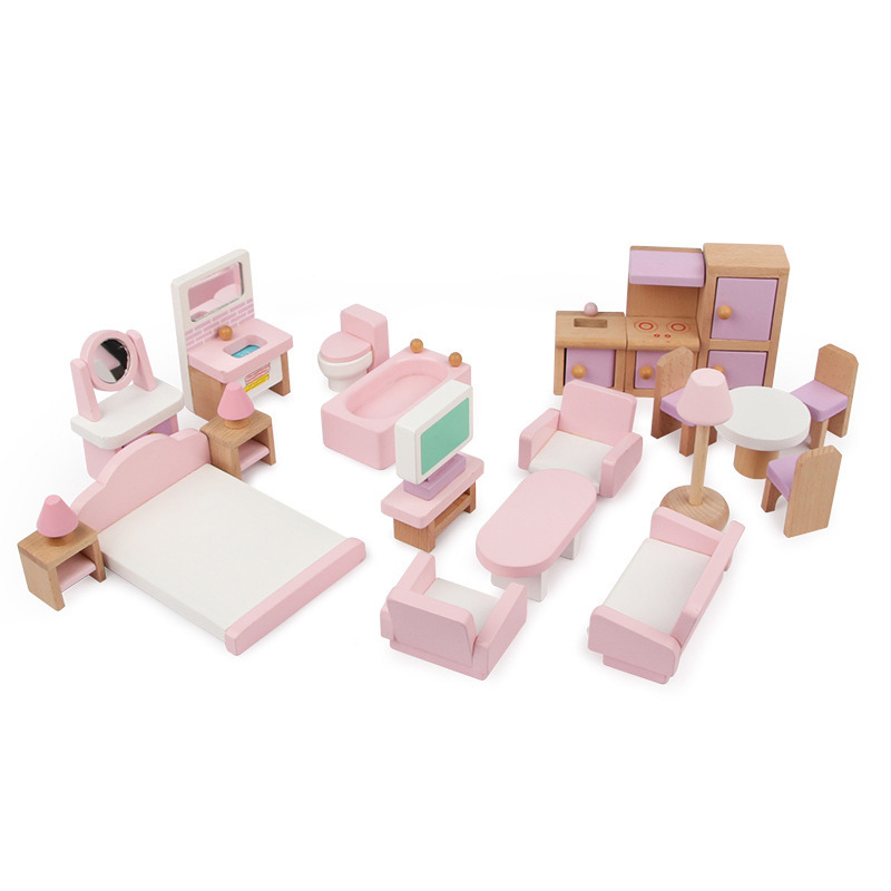 儿童木制迷你家具套装玩具实木过家家仿真粉色小家具卧室客厅厨房套装