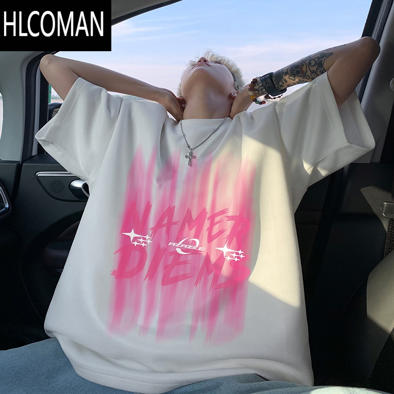 HLCOMAN潮牌短袖t恤男夏季新款字母模糊印花宽松休闲情侣百搭圆领半截袖