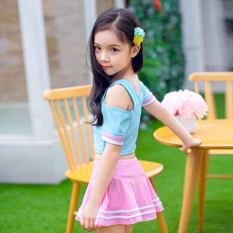 儿童泳衣女孩学生分体裙式平角裤游泳衣泳装防晒衣女童泳衣中大童