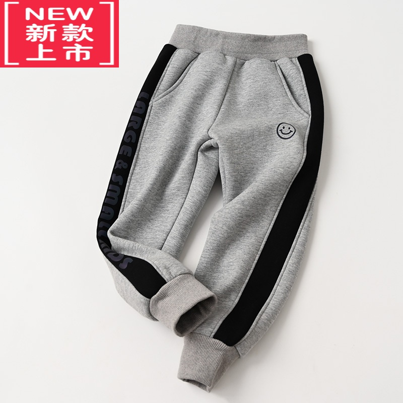 可莉允儿童加绒卫裤 一体绒男女童笑脸运动裤中大童保暖长裤子冬款 童装保暖裤