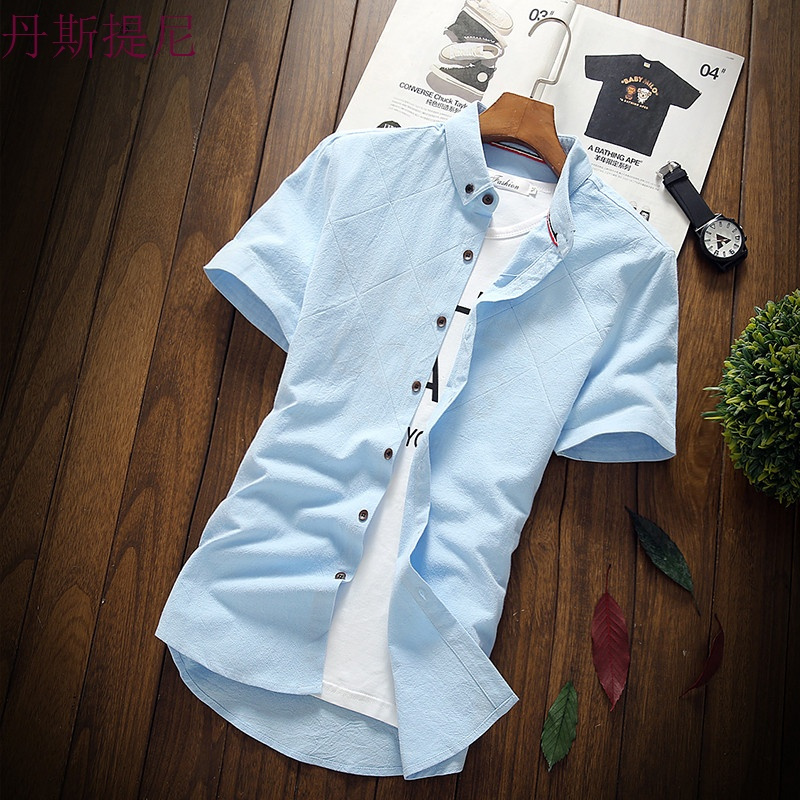 男士修身短袖衬衫韩版白色潮流衬衣服男装2018新款夏季半截袖帅气