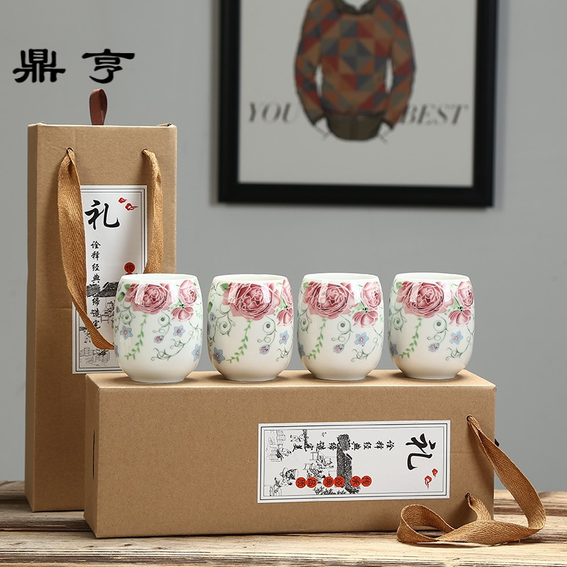 鼎亨陶瓷礼品茶杯大号水杯主人杯复古青花瓷酒杯礼盒装办公茶杯家