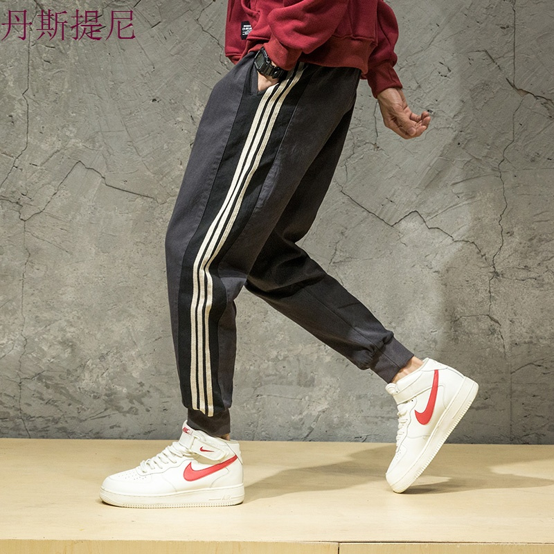 日系街头休闲裤男嘻哈条纹运动卫裤潮流青少年宽松大码束脚哈伦裤