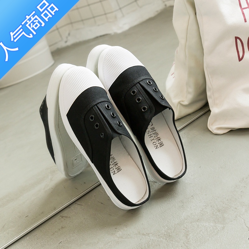 SUNTEK21热卖人气平底半托帆布鞋女韩版百搭休闲无后跟懒人一脚蹬小白鞋高清大图