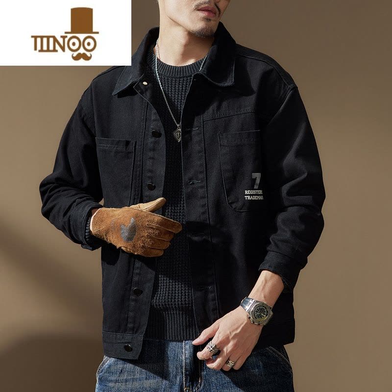 YANXU高端美式黑色工装夹克男新款宽松衬衫休闲牛仔猎装外套男图片