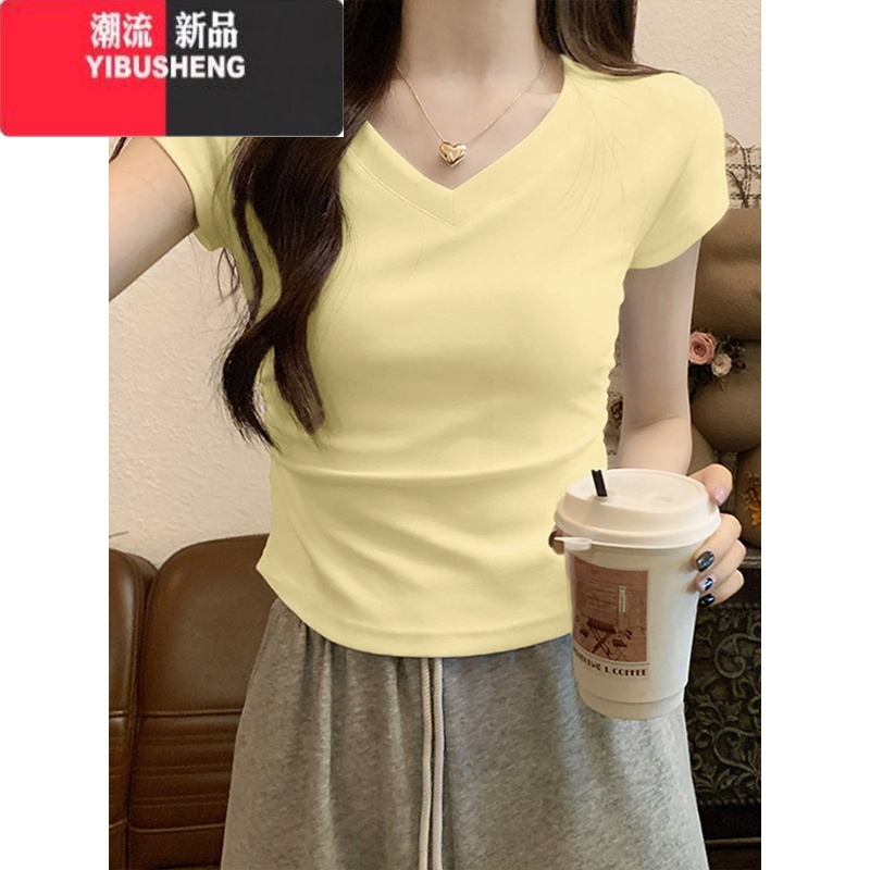 YIBUSHENG奶黄色多巴胺短袖女紧身t恤短款新款修身甜辣半袖黄色上衣高清大图